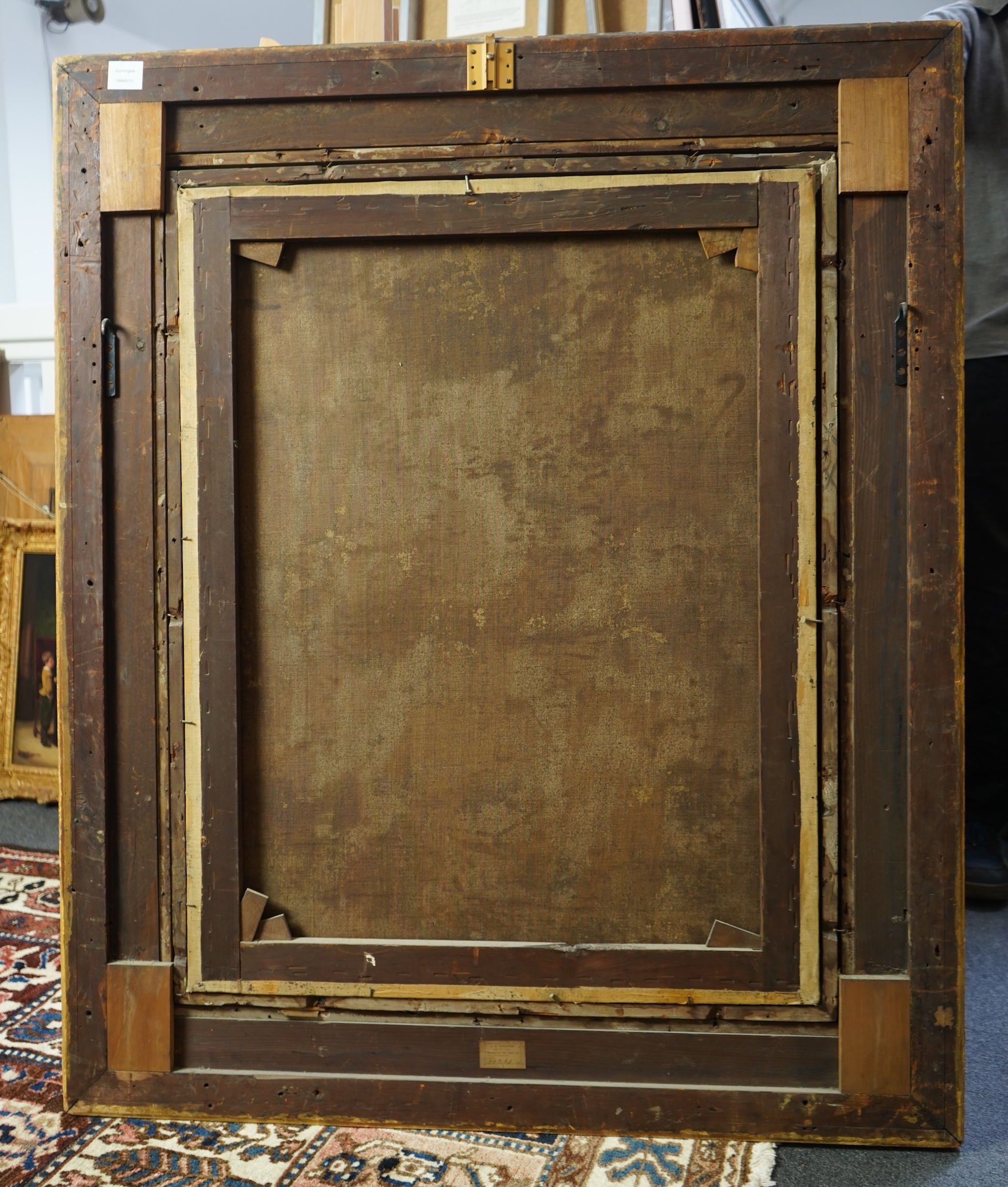 English School, 19th century, A still life study of flowers and fruit before a landscape